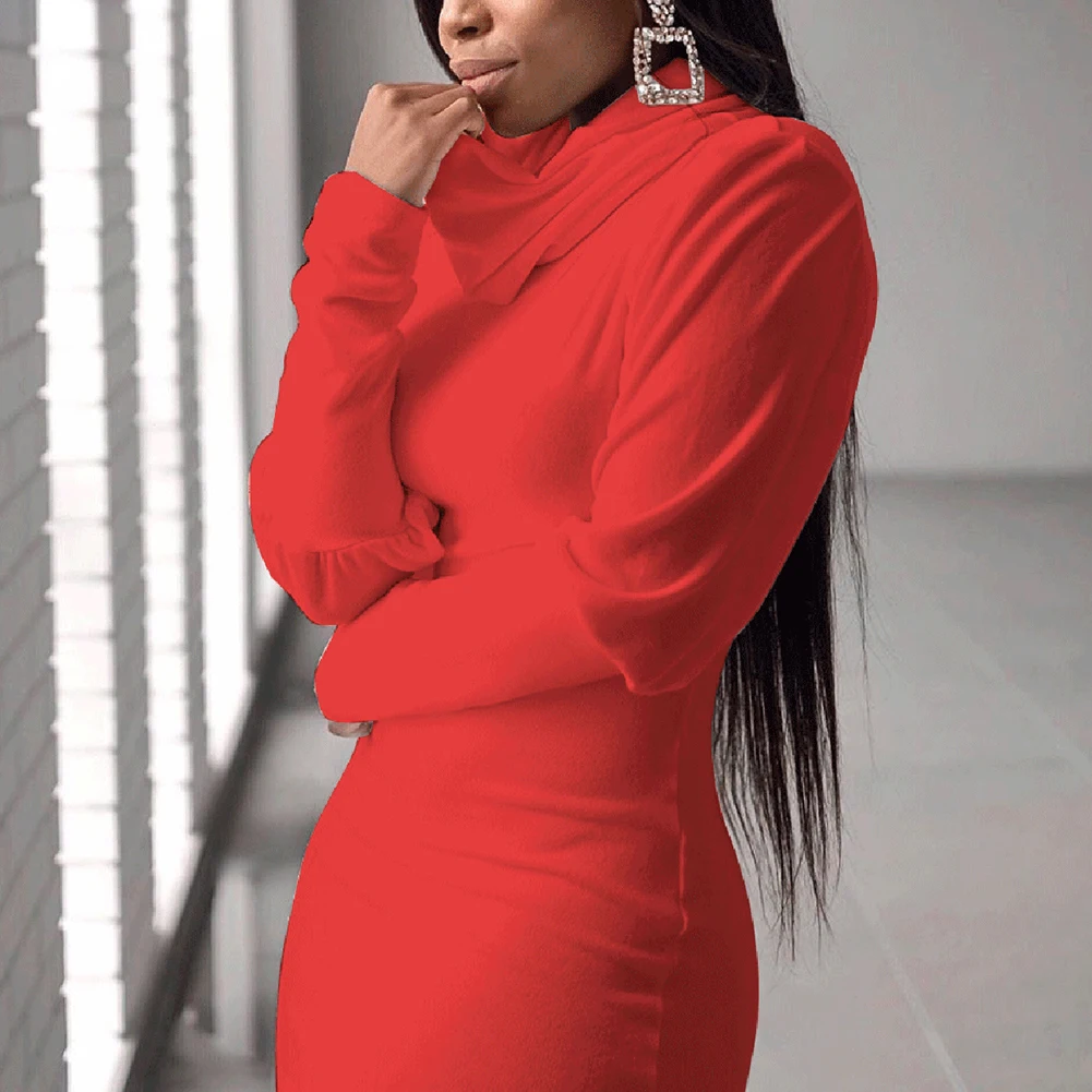 Осеннее женское облегающее трикотажное красное платье средней длины с длинным