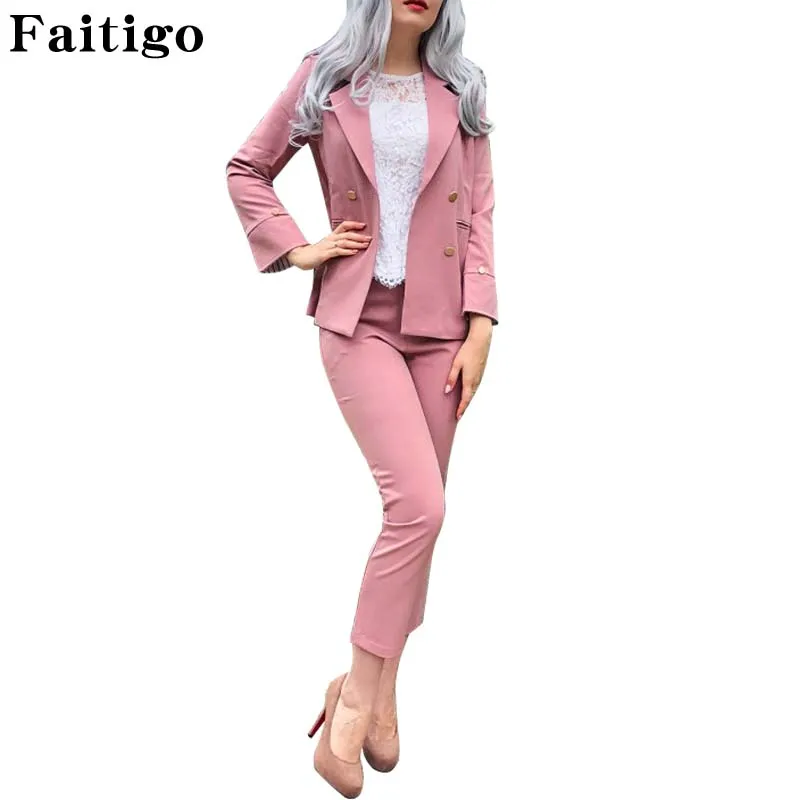 Женский костюм с двубортным блейзером однотонный офисный отложным воротником и