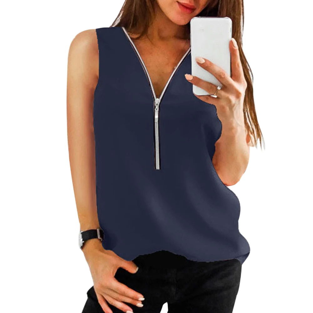 2020 Summer Sleeveless Blouses Women Clothing Vest Solid Color V-Neck Shirts Loose Chiffon Zipper Blusas Mujer Women Tops
