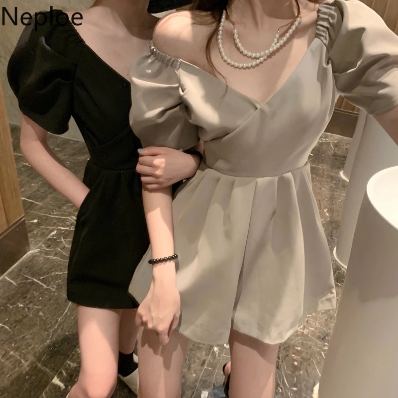 Neploe 2021 Sexy Shoulderless mujeres monos Kong-estilo V cuello manga corta vestido de moda de alta cintura corto Bodysuits 81083