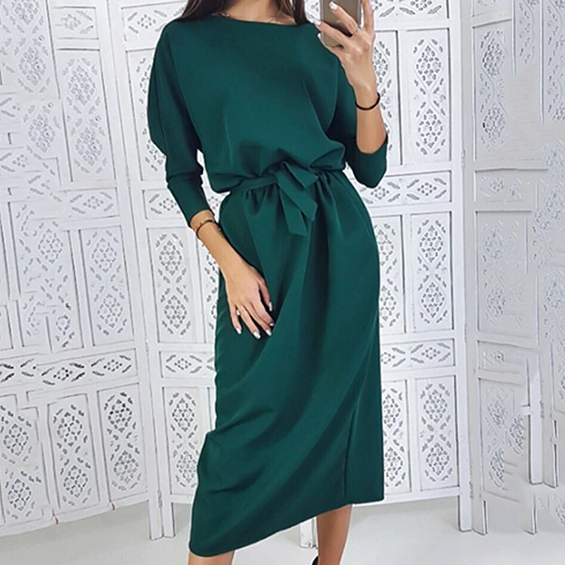 

Women Dress Sashes Straight Backless Dress Ladies Seven Sleeve O Neck Knee Dress Party Lady Elegant Dress