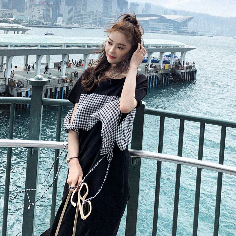 

Summer Wear Women's 2019 New Style Hong Kong Style Plaid Stitching Fake Two-Piece Straight-Cut Summer Base France Non-mainstream
