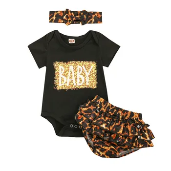

Summer Baby Clothing 2020 Brand Newborn Baby Girls Letter Pattern Short Sleeve Tops Romper+Leopard Printed Shorts Pants Headband