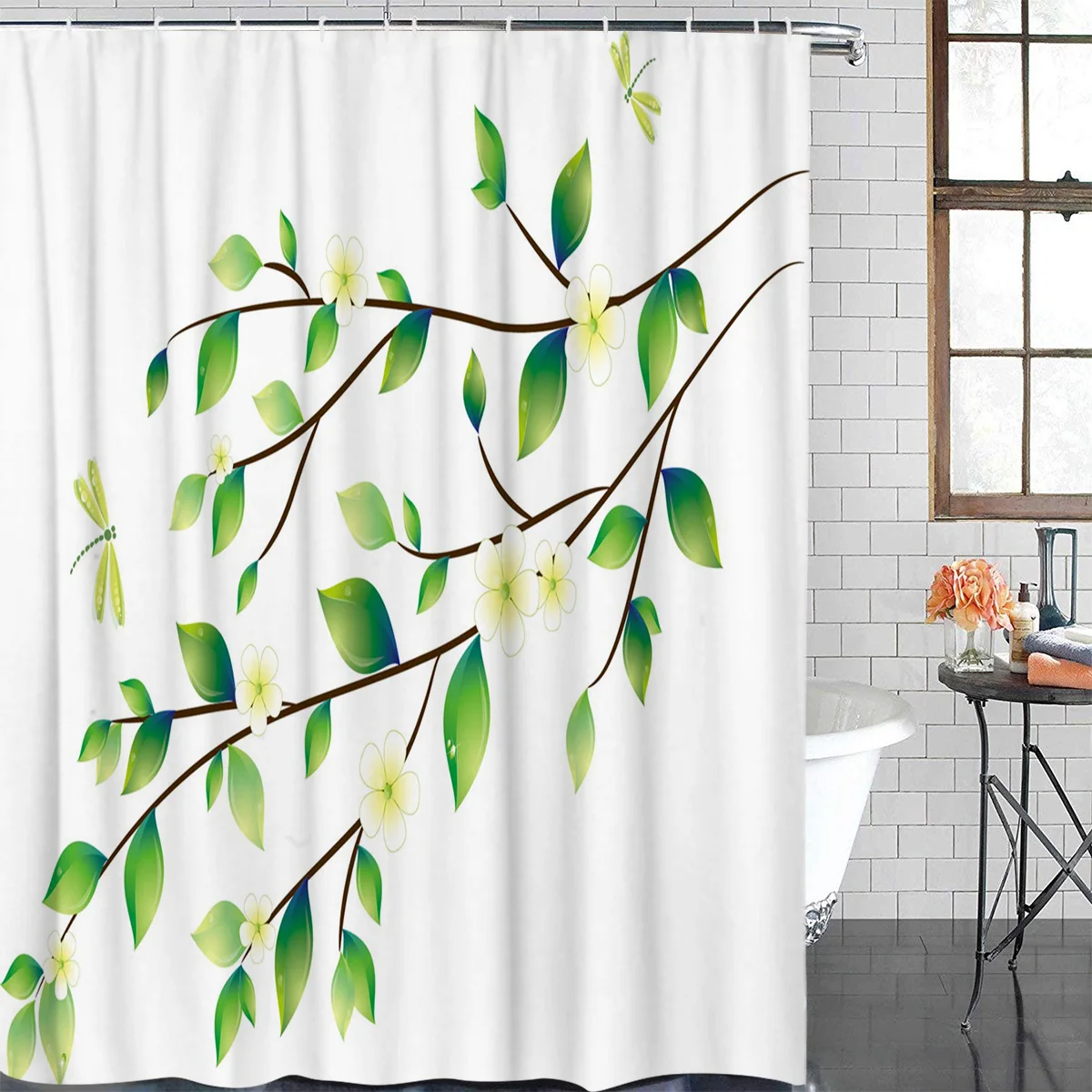 Flowers Green Branch Bud Leaves Bathroom Shower Curtains Decor with Hooks Waterproof | Дом и сад
