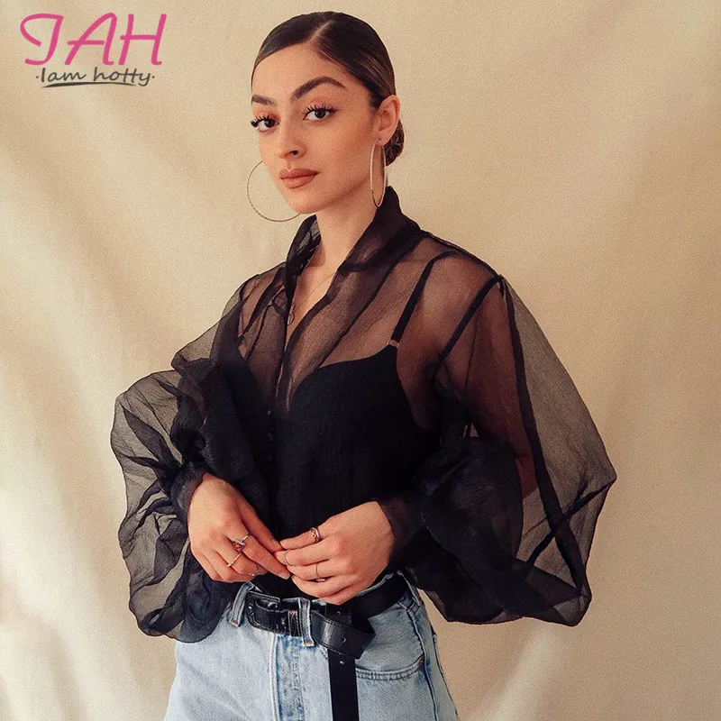 

Iamhotty Fishnet Transparent Black Mesh Tops See Through Solid Puff Sleeve Top 2019 Summer Club Party Sexy Blouse Loose Basic