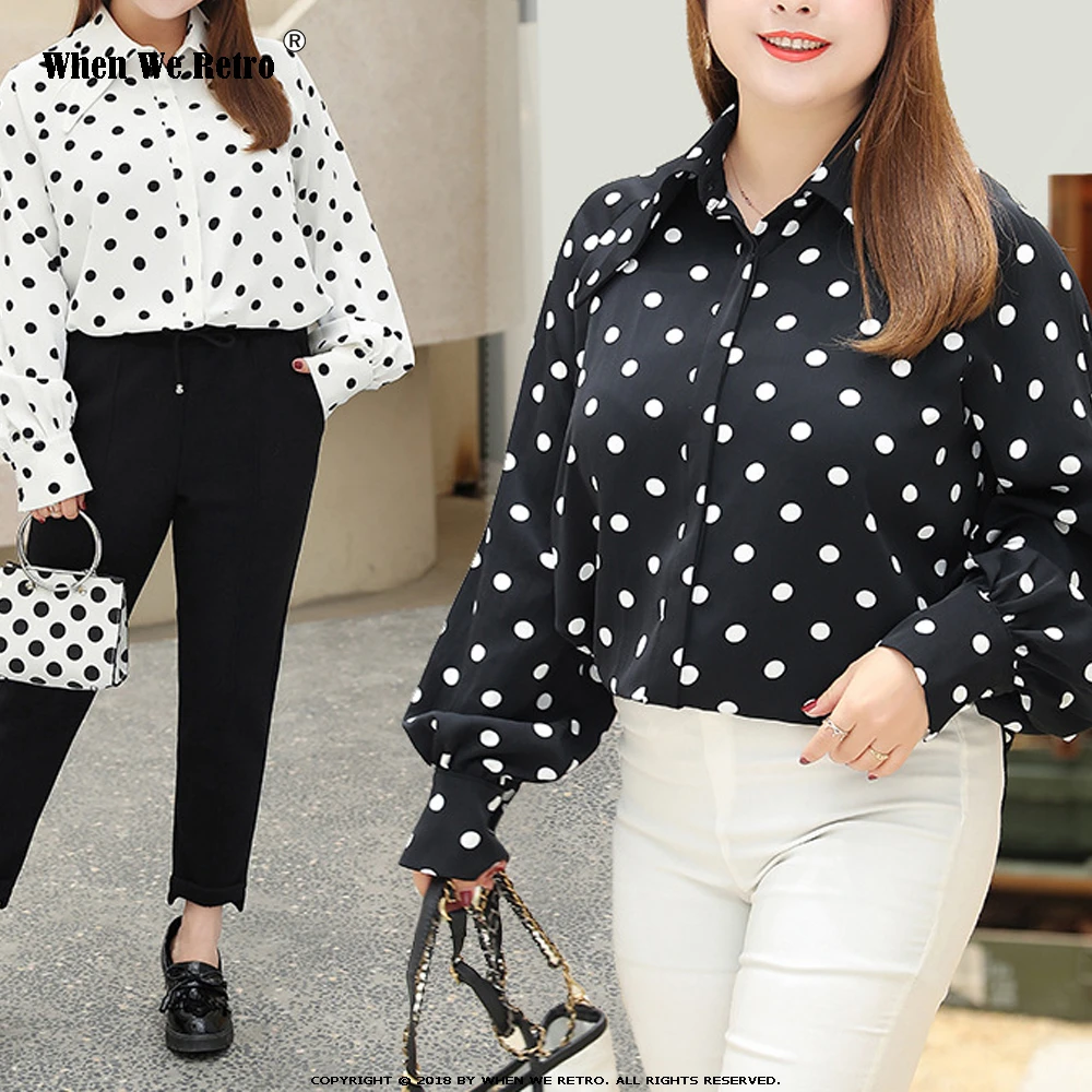 plus size white blouse with black polka dots