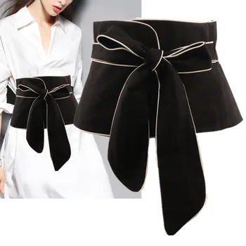 

2020 New Spring Black White Color Long Bow Bandage Exceed Width Belt Women Fashion Tide All-match Cummerbunds