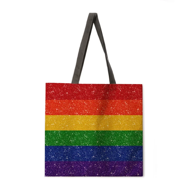 Ladies Shoulder Bag Rainbow Stripe Printing Casual Handbag Linen Fabric Handbag Reusable Shopping Bag Foldable Beach Bag Handbag 15