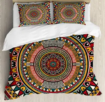 

Tribal Duvet Cover Set Folkloric Tribe Round Pattern with Colors Aztec Artwork Decorative 3 Piece Bedding Set with 2 Pillow Sham