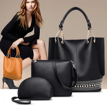 

Women Retro Solid Color Shoulder Bag 2019 New Designer Rivet Decoration Handbags High Quality Leather Three Piece Crossbody Bags