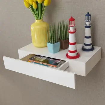 

White MDF Floating Wall Display Shelf 1 Drawer Book/DVD Storage