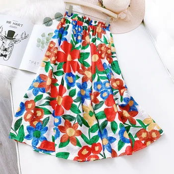 

MosiMolly Novelty Paiting Skirt Bottom Summer Flower Print Chic Big Pendulum Print Skirt Female Midi Skirt
