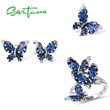 SANTUZZA, настоящий 925 Серебряный набор украшений для женщин, синяя бабочка, кольцо, серьги, кулон, набор, свадебные ювелирные изделия, ручной работы, эмаль