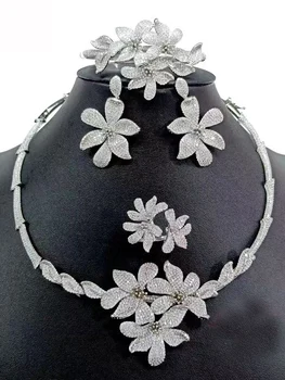 

Accking Luxury flower 4pcd big size For Women Party Dubai Necklace Earring ring bangle CZ Crystal Wedding Jewelry Sets