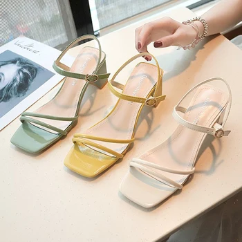 

High Heels Women Sandals Summer 2020 Rope Ankle Strap Sandals Ladies Square Heels Classics Women Shoes Yellow Slippers