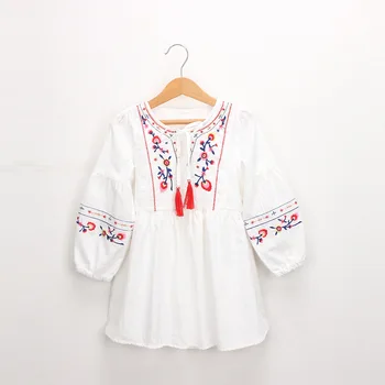 

Bongawan Girls Dresses Cotton Flower Embroidery Autumn&Spring 2-6 Years Bohemian Style Full Slevee Princess Dress