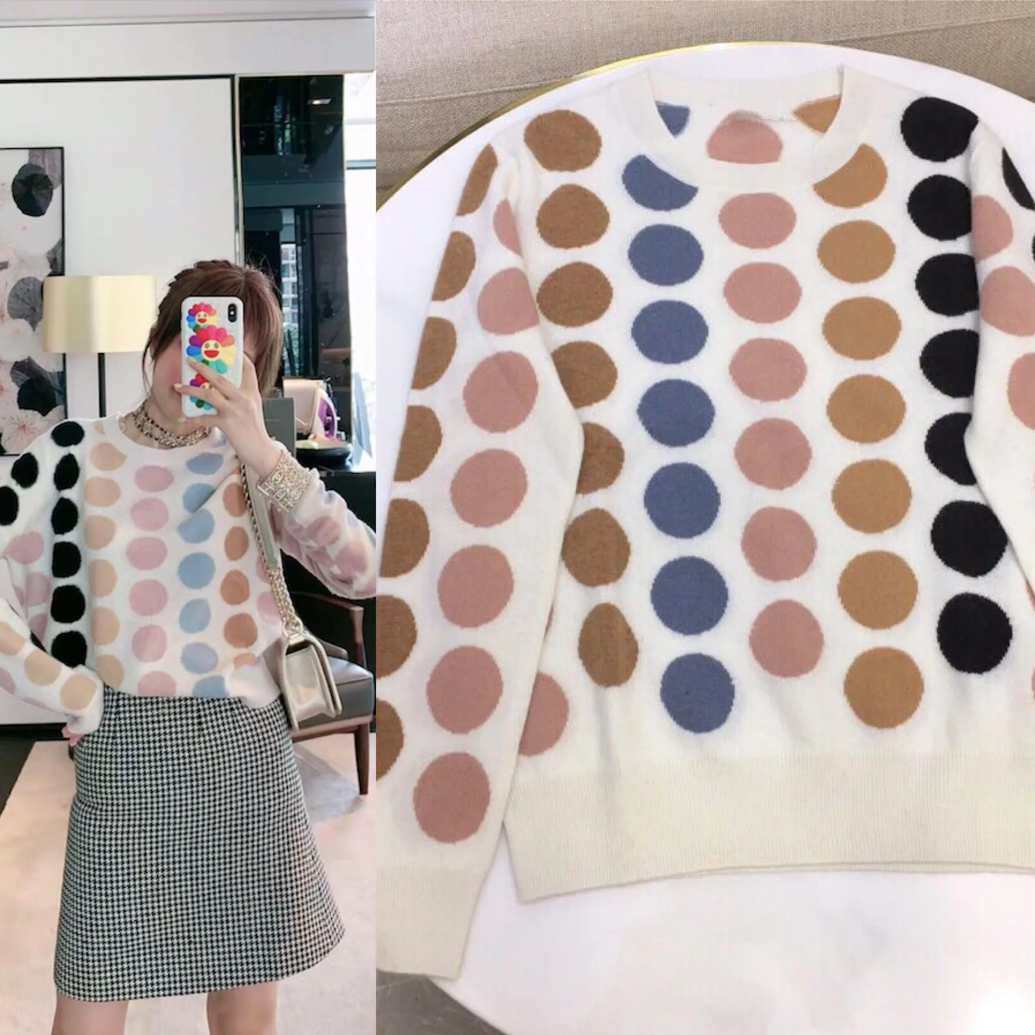 

2019 New High Quality 100% Cashmere Sweater O Neck Autumn Casual Clothes Fashion Long Sleeve Dot White Pullover