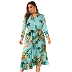 Joineles размера плюс 4xl женское богемное платье с отложным воротником и длинными рукавами ремни в цветочек платье-рубашка Vestidos Midi ретро платье
