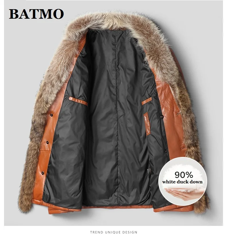 BATMO, Новое поступление, Зимние Куртки из натуральной кожи, овчины, енота, воротник из 90% белого утиного пуха, мужские куртки 19791A