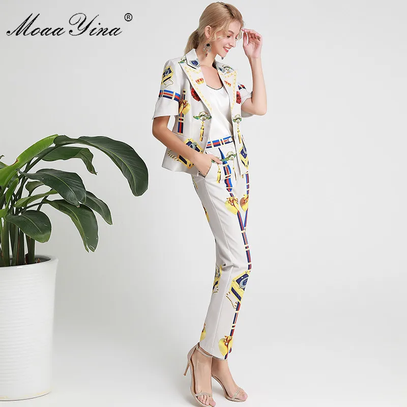 MoaaYina, модный дизайнерский комплект, весенний женский костюм с коротким рукавом и отложным воротником, топы+ брюки, костюм из двух предметов - Цвет: Многоцветный