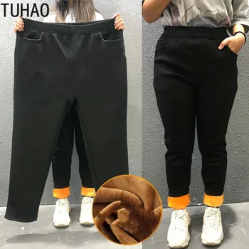 

TUHAO 2020 Autumn Winter Plus Size 9XL 8XL 7XL 6XL Women Fleece Pants Big Size Trousers High Waist Thick Warm Black Pants WM27