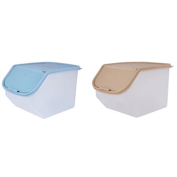 

2x Dried Food Storage Sealed Box with Measuring Cup Plastic Kitchen Cereal Flour Rice Bean Grain Blue & Coffee