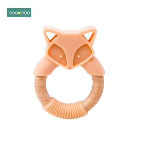 Peach Fox Bopoobo 1 шт. детский силиконовый Прорезыватель животные деревянные кольца Прорезыватель грызунов бука дерево младенческой Кролик Слон лиса кольца Товары для малышей - Цвет: Peach Fox