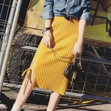 Модные женские юбки осень-зима, вязаные зимние юбки с высокой талией, женские теплые однотонные Юбки миди с разрезом, Falda Mujer#3
