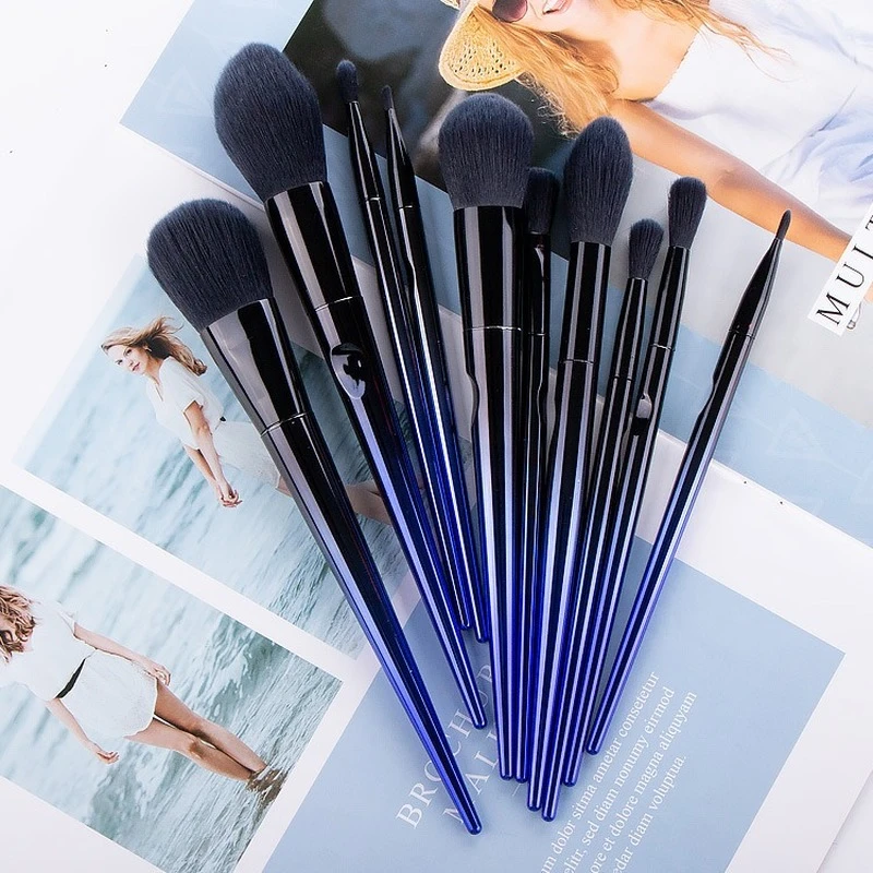 None Label Fluffy Makeup Brush Sets Custom Vendors 10pc Blue ...