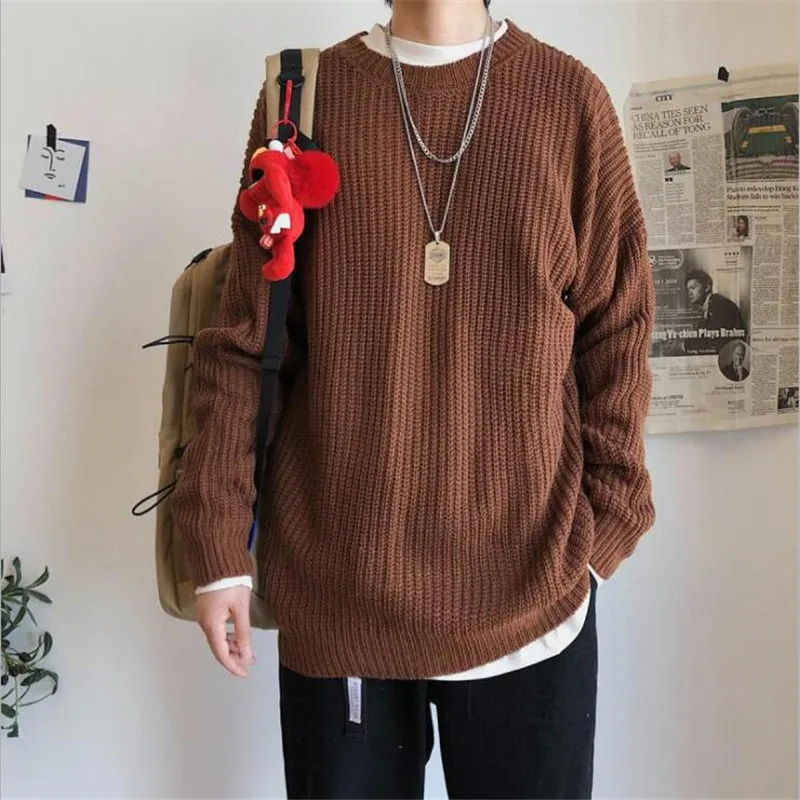 Men s color Sweater Pullover Round Neck Solid Color Loose Casual Autumn Winter Lazy Wind Trend 4