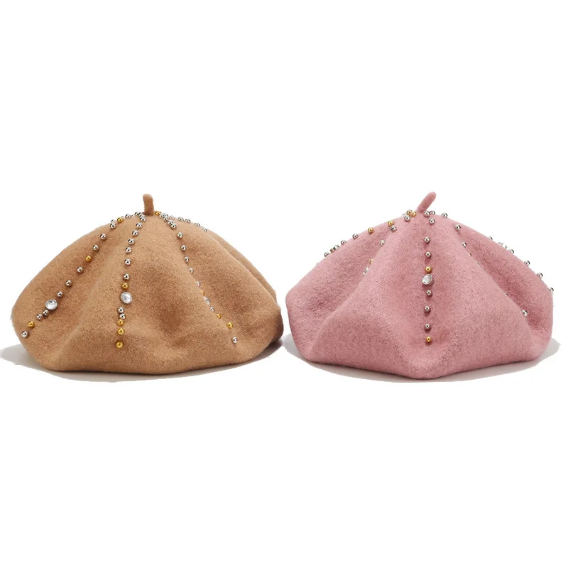 

Pearl Rivet Woolen Beret Soft Warm Caps 10 Color Pumpkin Shape Spring Autumn Vintage Women Berets Wool Solid Color Girls