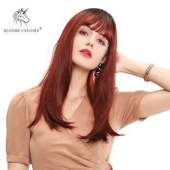 

Blonde Unicorn 16 Inch Long Straight Synthetic Wig with Bangs Red Light Brown Cospaly Costume Women Wigs for Black/White Lady