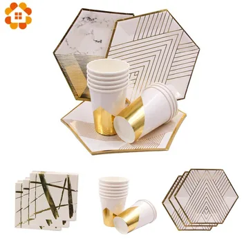 

1Set White Gold Marble Paper Cup/Plates/Napkin Stripe Disposable Tableware Set Table Decoration For Wedding Party Supplies
