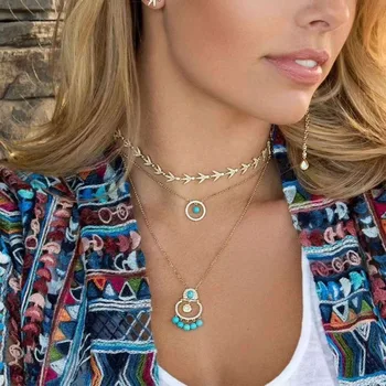 

2018 Luxury Sterling silver turquois Necklace Monaco Natural Gem Stones Mirco Cubic Zirconia Double Circle Necklace Jewelry