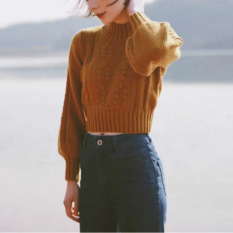 

2019 New Knitted Floral Winter Casual Pullovers Women Turtleneck Lantern Sleeve Pull Femme Tricot Autumn Sweaters Jumper YL392
