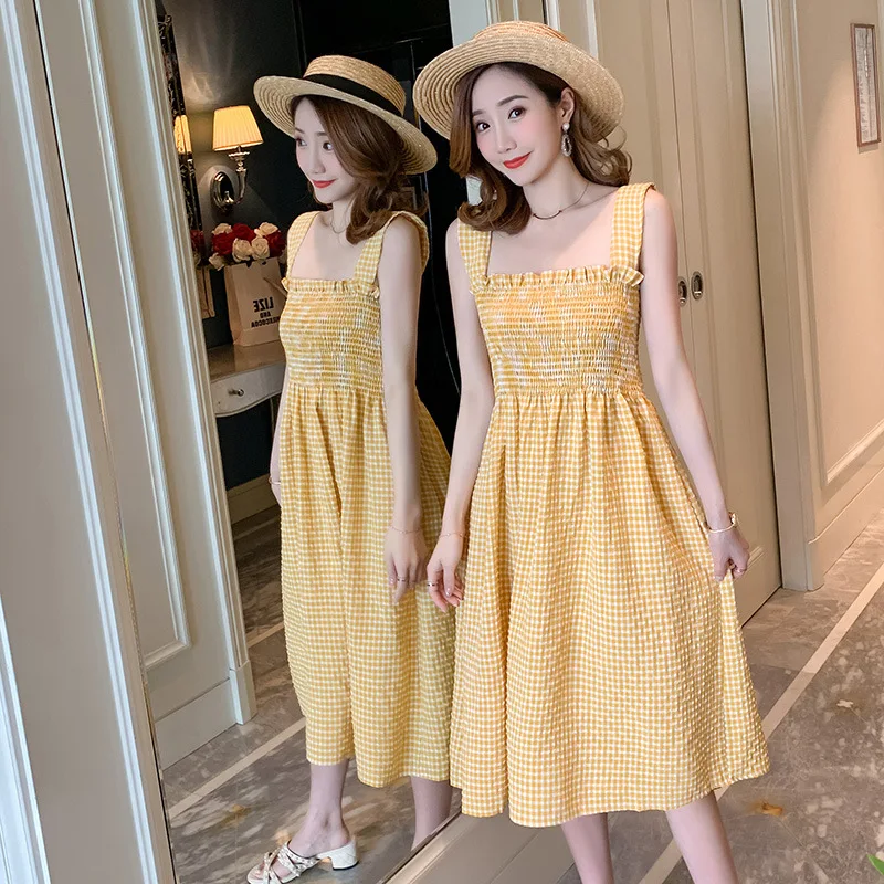 

2019 New Style Fashion Mom Belly Covering WOMEN'S Dress Summer Pregnant Women Dress Camisole Plaid Pregnant Women A- line Dress