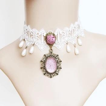 

White Lace Female Necklace Short Necklace Gem Rose Fake Collar European and American Retro Jewelry JL-94