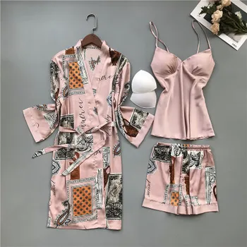 

QWEEK Room Wear Satin Pajamas For Woman Pyjama Ladies Pijama Mujer Sleepwear Set Summer Silk Pjs Print Nightie 2020