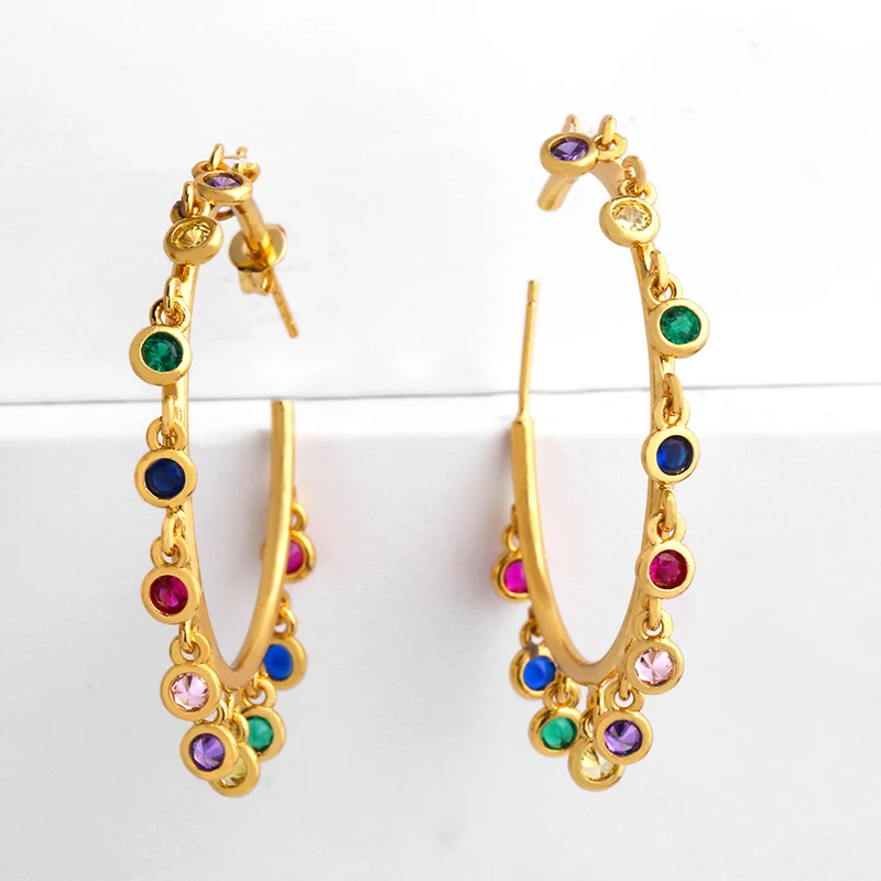 Boho большие серьги кольца золотого цвета гнездовая оправа Радуга красочный кубический цирконий сосновый камень для женщин Великолепная Мода ювелирные изделия ers-q99