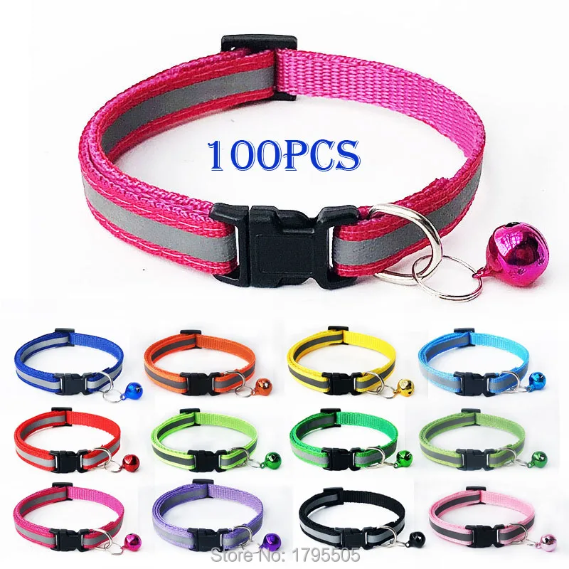 

100pcs Reflective Colorful Dog Collar Polyester Night Safety Flashing Glow Pet Dog Collar Solid color Luminous Collar for cats