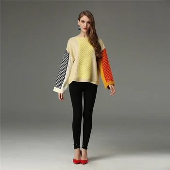 

European Style Women Cuff Split Knitted Sweater Runway Design 2019 Autumn Long Sleeve Patchwork Twisted Loose Casual Pullovers