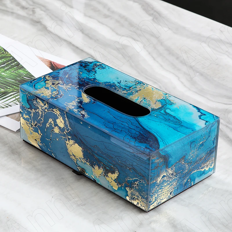 

European Glass Tissue Boxes Blue Agate Craft Dining Table Napkin Holder Living Room Decoration Paper Drawer Home Decoration