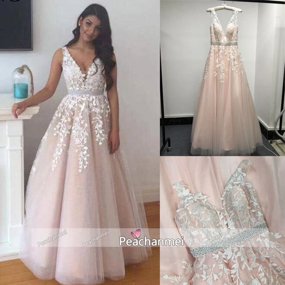 

Real Photos V Neck Prom Dress Vestido De Festa Evening Dress Long Robe De Soiree A Line Lace Appliqued Wedding Party Ball Gown