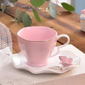 

OUSSIRRO Exquisite Butterfly Bird Top Bone China 220ml Coffee Cup Saucer Free Spoon Ceramic Teacup European Porcelain Tea Tumble