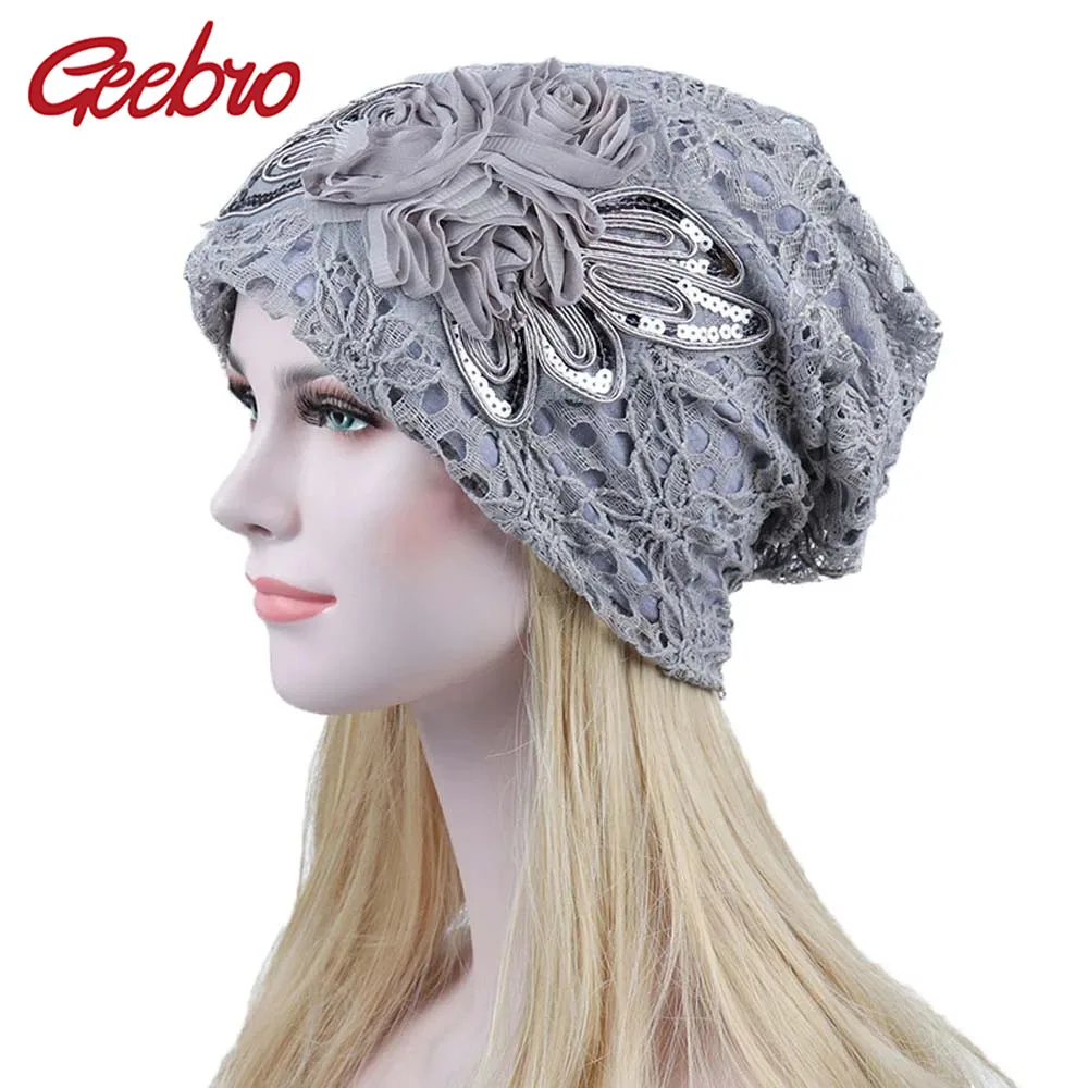 Geebro Baggy Lace Sequins Beanies For Female Fashion Floral Hats Women Flower Caps Slouchy Solid Color Hollow Spring Winter Hat
