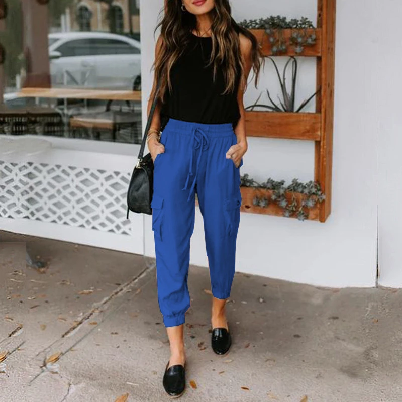 

2021 Spring And Summer New Pants Solid Color Loose Casual Pants Pockets Drawstring Drawstring Trouser Women Fashion Clothing