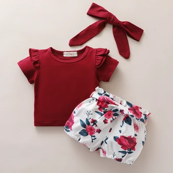 

3Pcs/Set Newborn Baby Girl Shirt Cute Clothes Set Red/Yeloow/Green Ruffle Short Sleeve T-Shirt +Pants Shorts+Turban Outfit Set