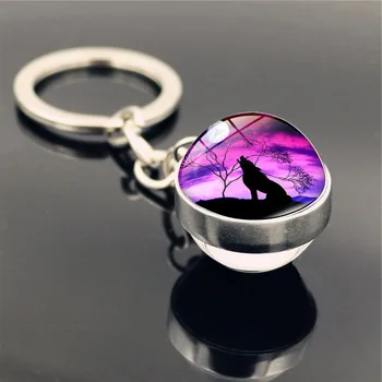 

Wolf Double Side Glass Ball Keychain Howling Wolf and Moon Keyring Keychain Wolf Head Pendant Keyring Jewelry Best Couple Gifts