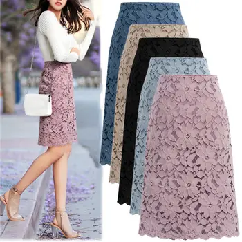 

Elegant Women Solid Color Floral Lace Zipper A Line Bodycon Knee-length Skirt Suitable for party work travel daily wear