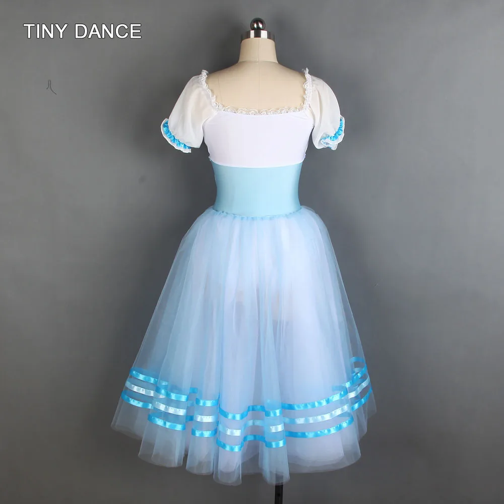 Небесно-голубой и белый балетный танцевальный костюм-пачка с пышными рукавами, лиф из спандекса с длинной фатиновой юбкой-пачкой, балерина, танцевальное платье 20003